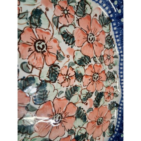 Handmade Polish Pottery Floral Square Plate 10" Scalloped Edge Blue & Coral Flow - Picture 3 of 5